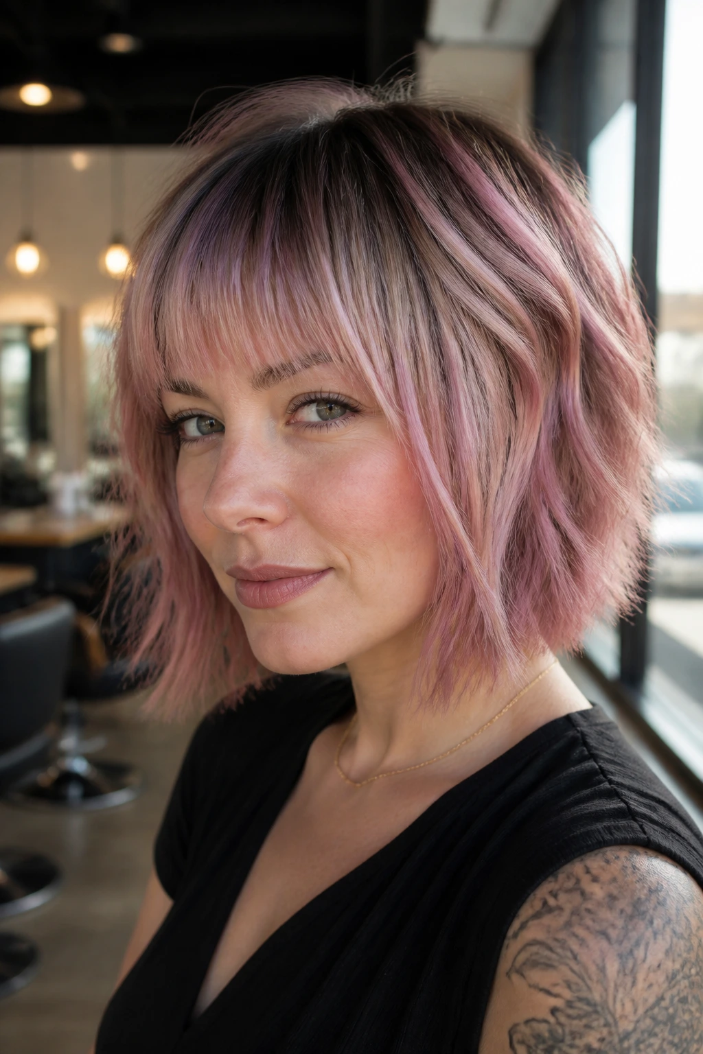 Close-up portrait of a real woman with rose gold panels and choppy bangs in natural window light