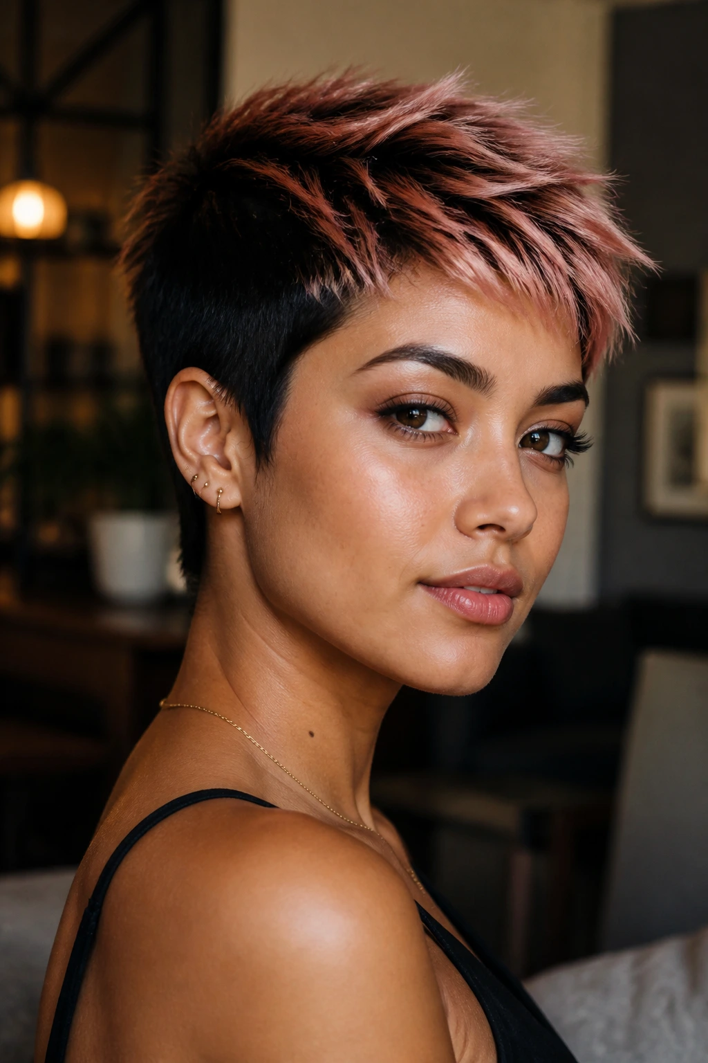 Close-up of a real woman with rose-gold tipped pixie cut