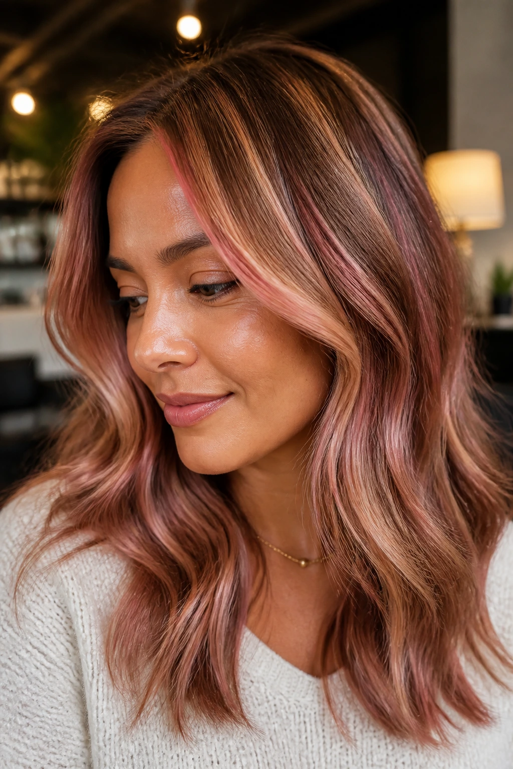 Close-up portrait of a real woman with rose-gold ribbon lights in hair