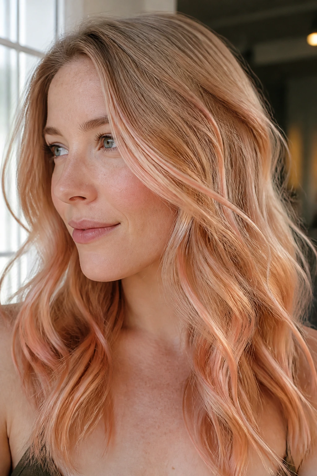 Close-up of a real woman with rose-gold ribbons in pale blonde hair in a bright room