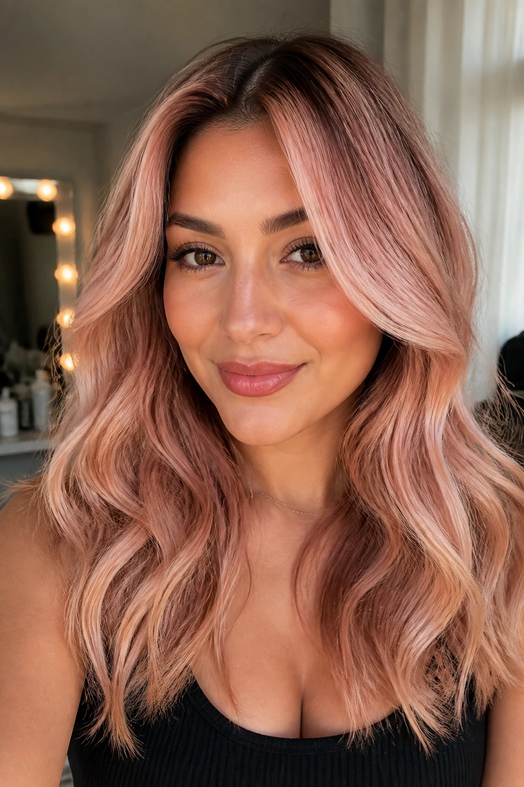 Woman with rose gold shadow melt blending roots into blonde.