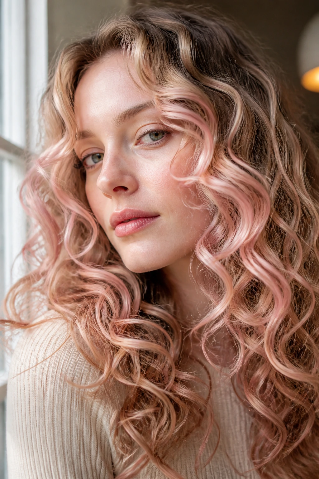 Close-up portrait of a real woman with pale skin showing rose gold shimmer in curls
