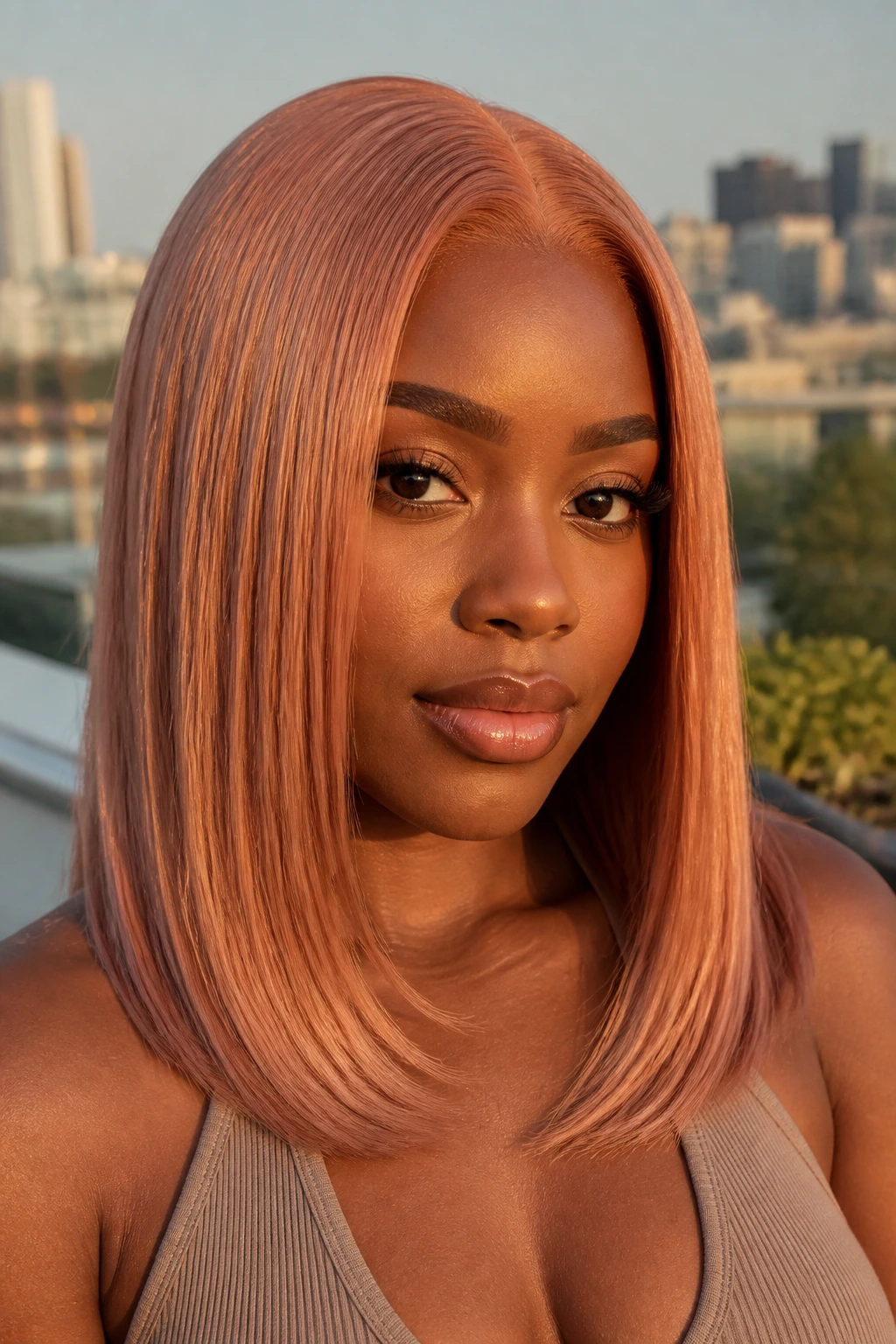 Close-up portrait of a real woman with Rose-Gold Silk Press hair on deepskin.