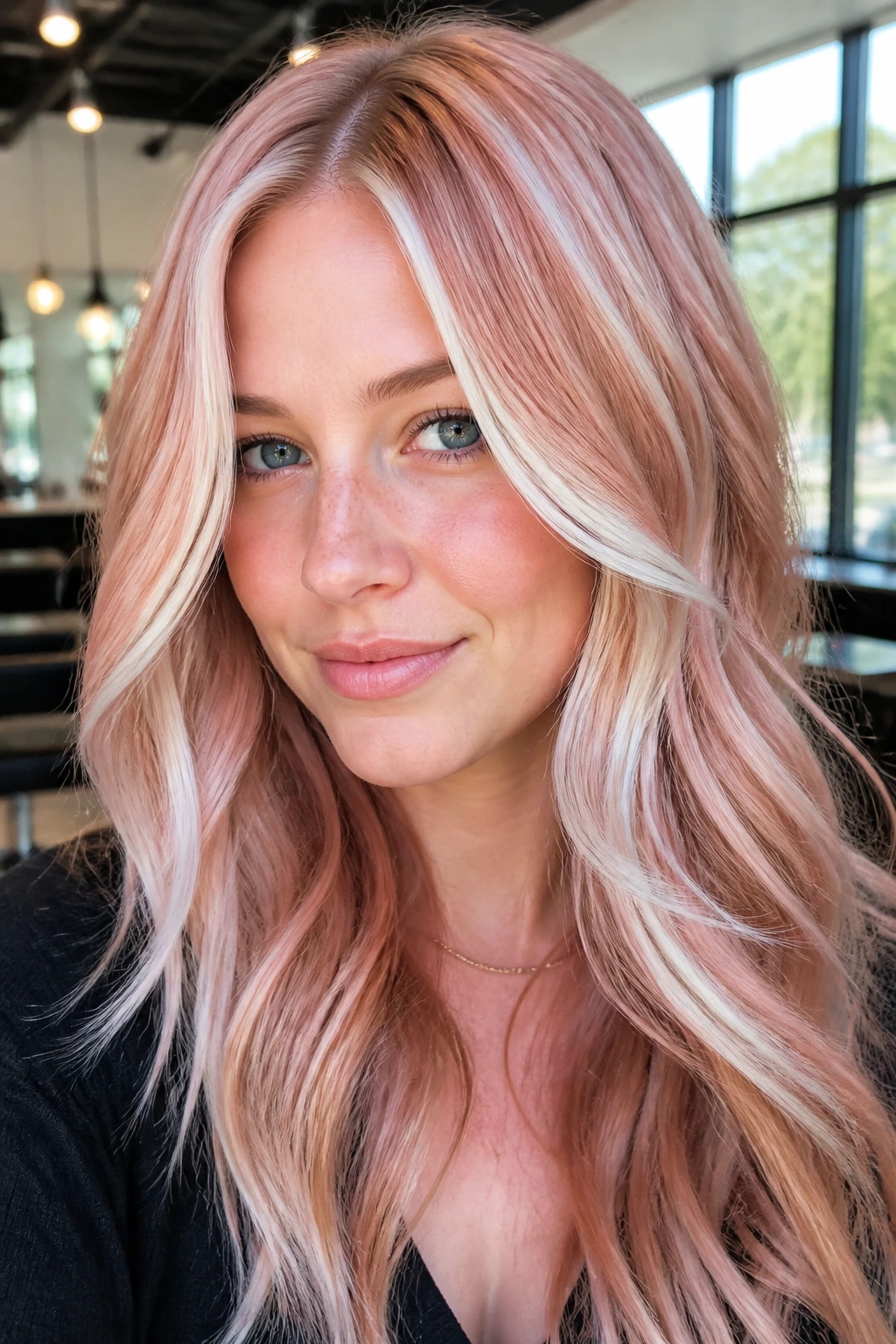 Rose Gold Slice Highlights: bold rose gold slices with white highlights on real hair.