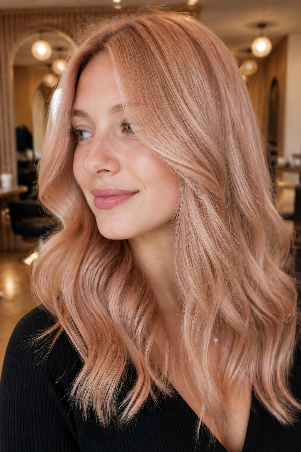 Portrait of a real woman with rose-gold strawberry blonde hair in warm salon lighting.