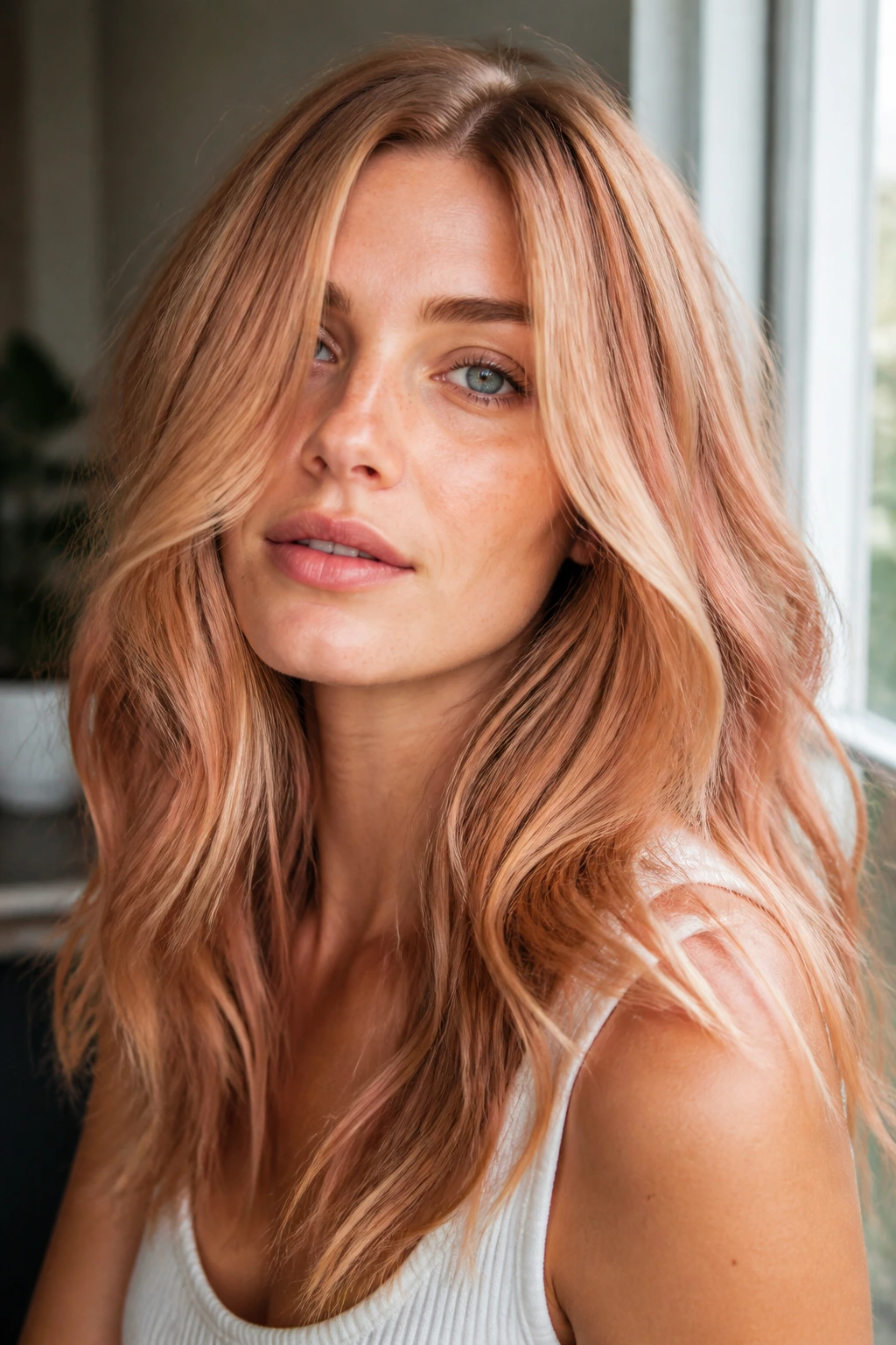 Close-up of a woman with rose gold strawberry blonde hair in daylight.