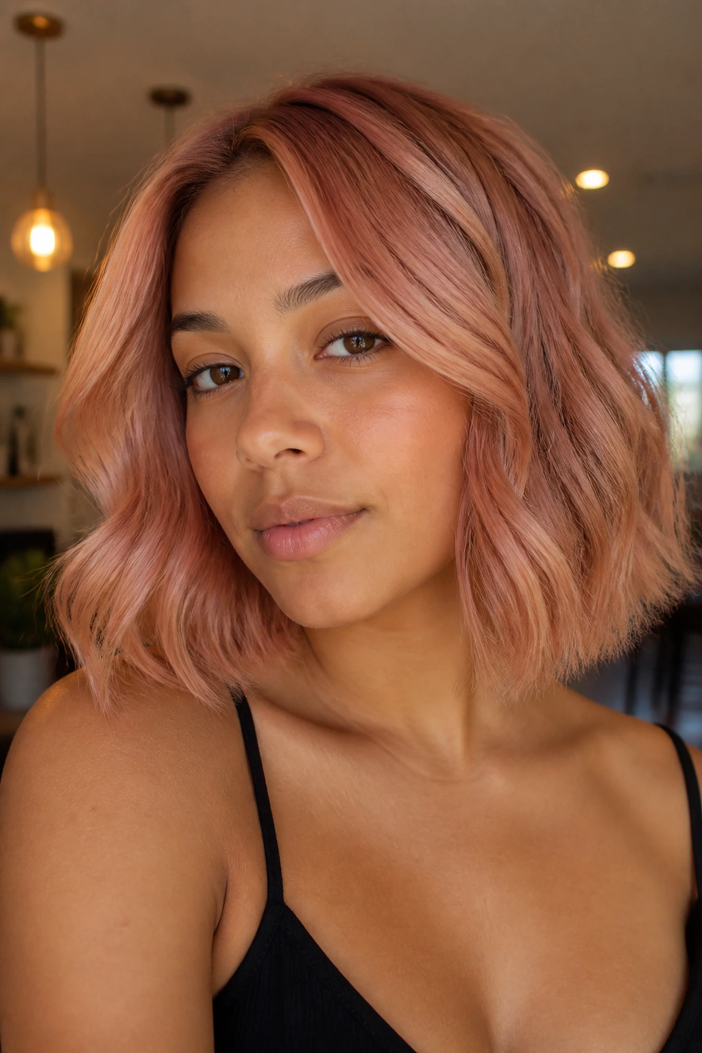 Close-up portrait of a woman with rose gold strawberry lob and soft waves.