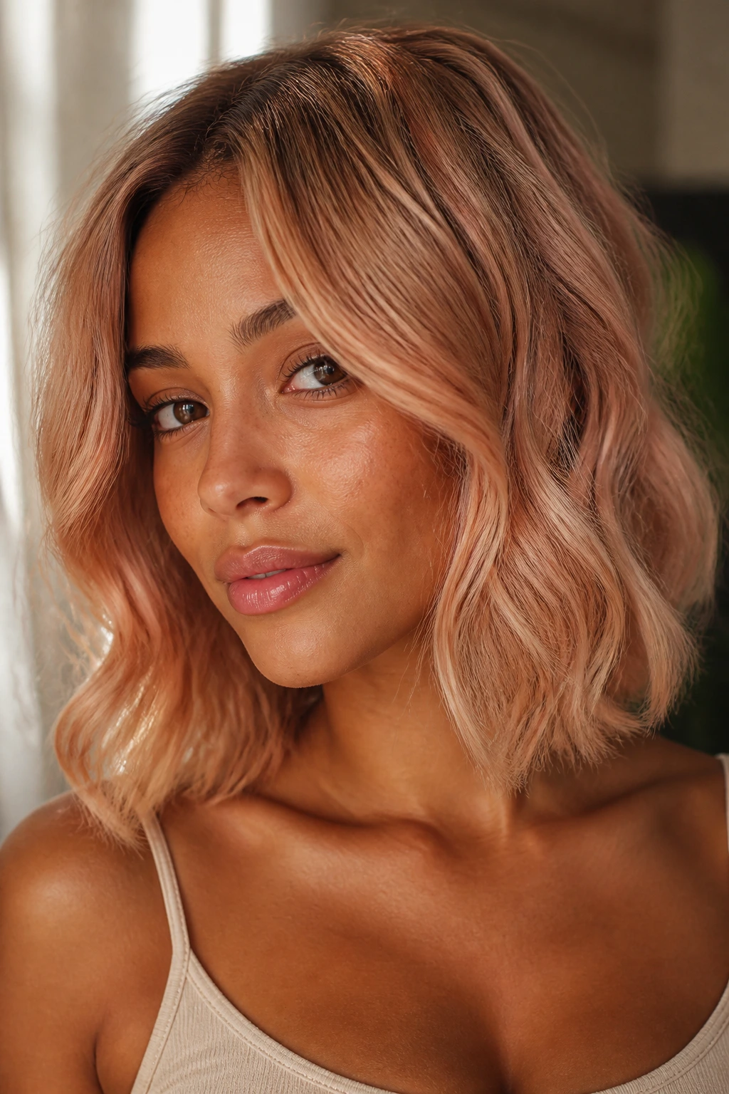 Portrait of a real person with a textured lob and rose-gold ribbons on tan skin.