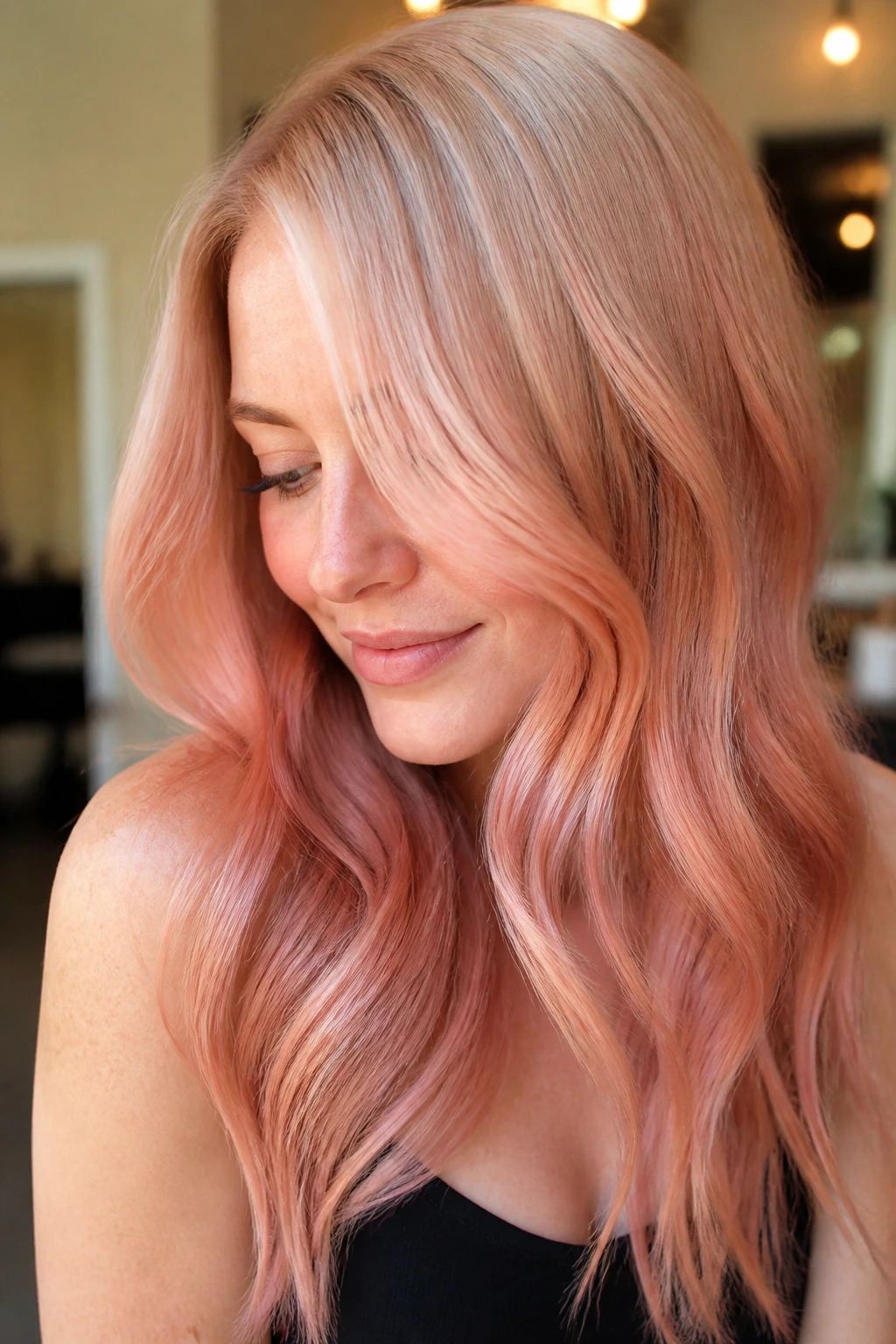 Portrait of hair blending from pale blonde to rose-gold strawberry