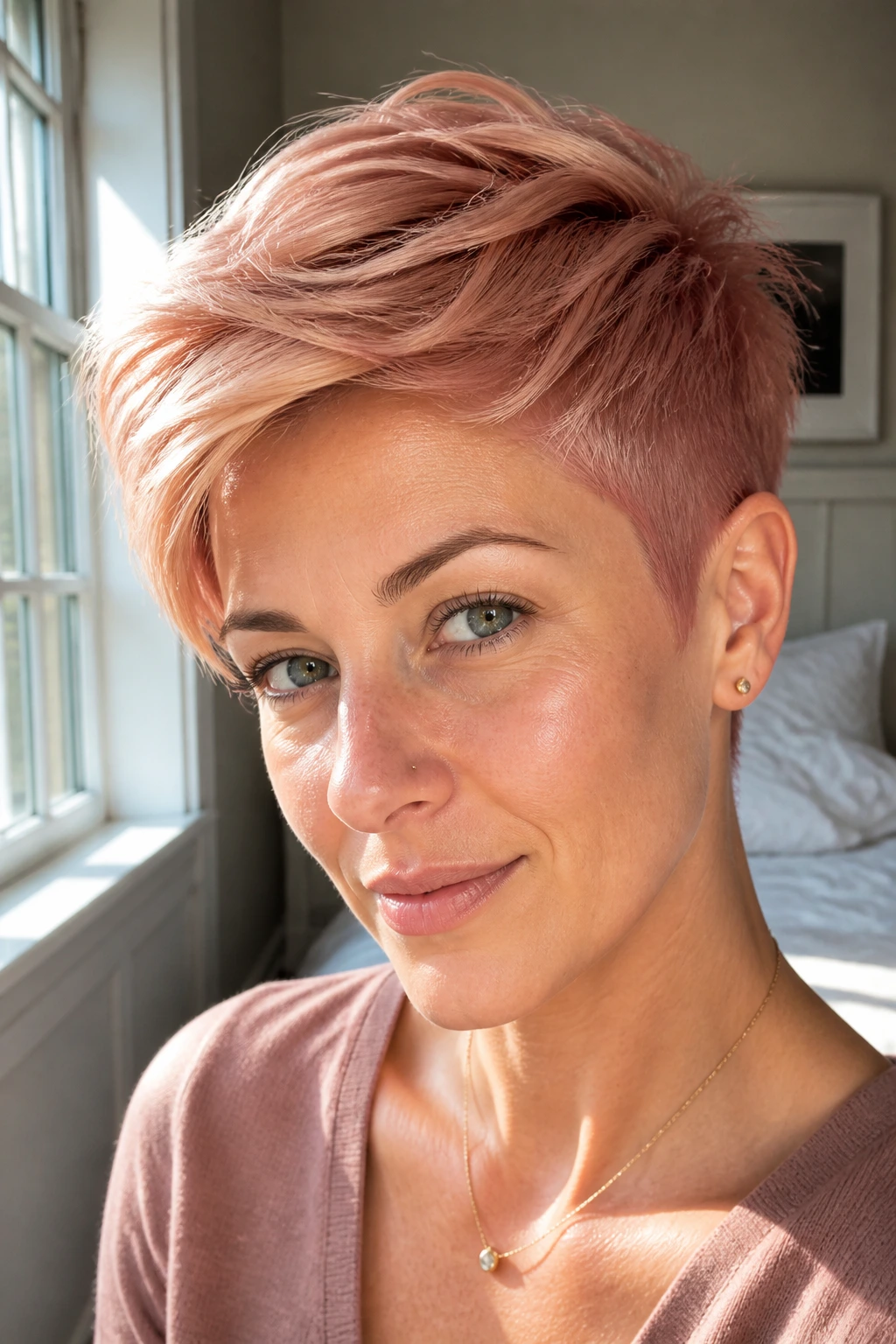 Real woman with rose gold tapered pixie hairstyle in window light