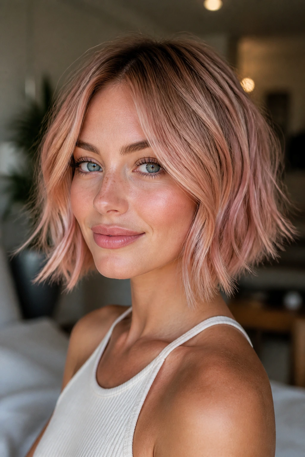 Portrait of rose gold bob with soft temple pieces on a real person