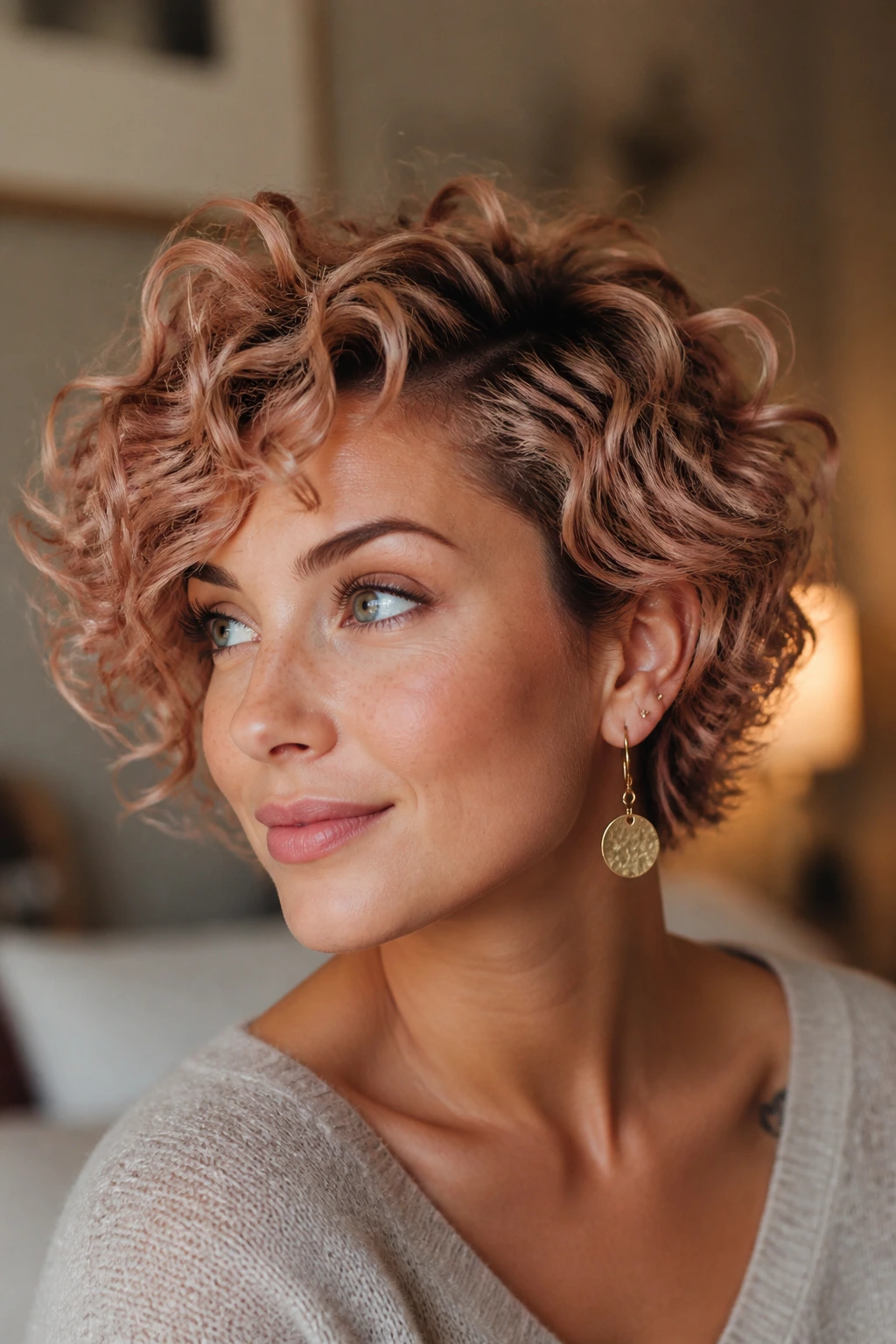 Rose gold tint on short curls on a real woman