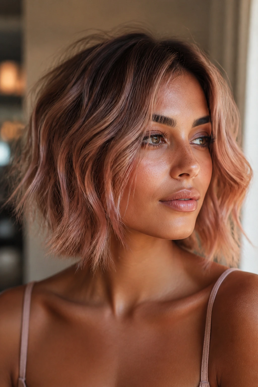 Portrait of a real woman with rose gold veil highlights on a tousled bob