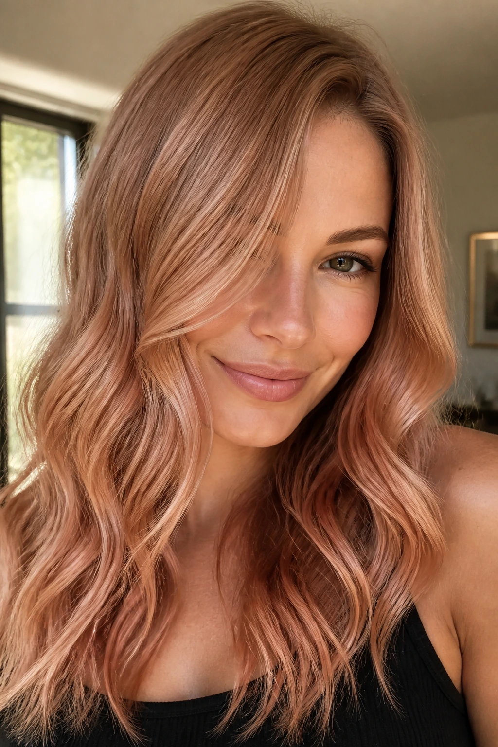 Close-up portrait with toasted rose gold waves in hair
