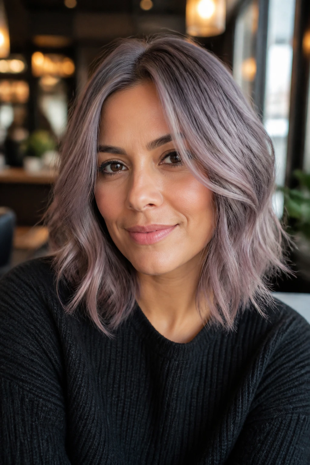 Portrait of person with smoky rose-gray lob framing the face.