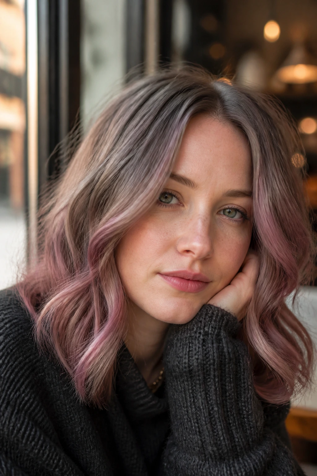 Close-up portrait of a woman with rose-grey hair in soft waves