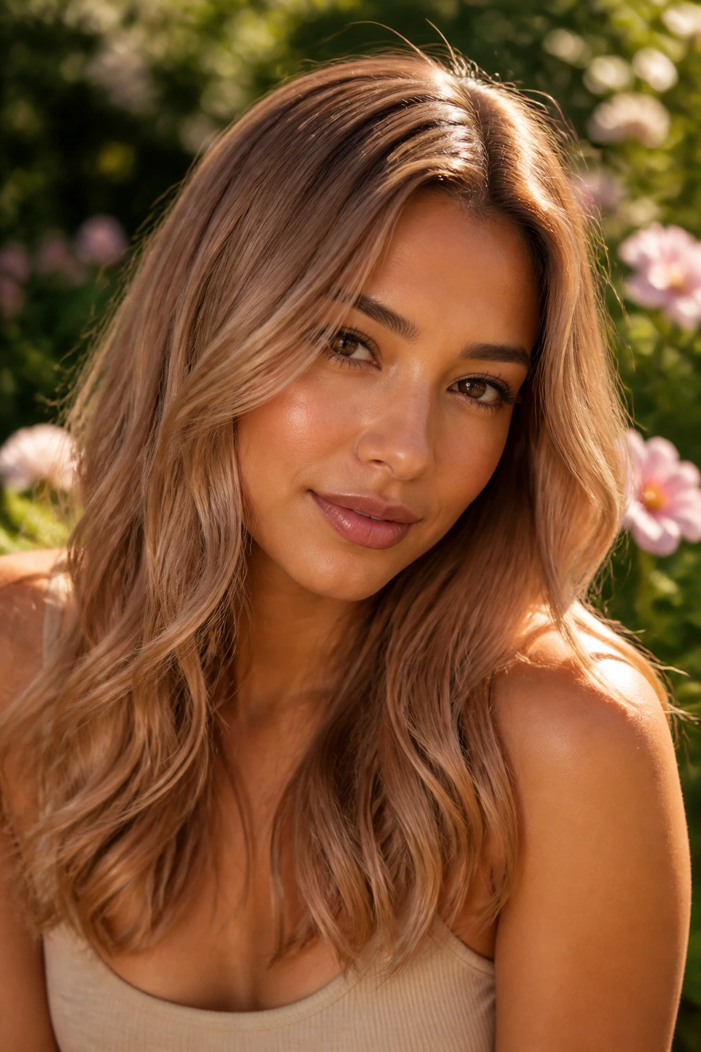 Close-up of real woman with rose honey blonde and olive skin in golden hour light