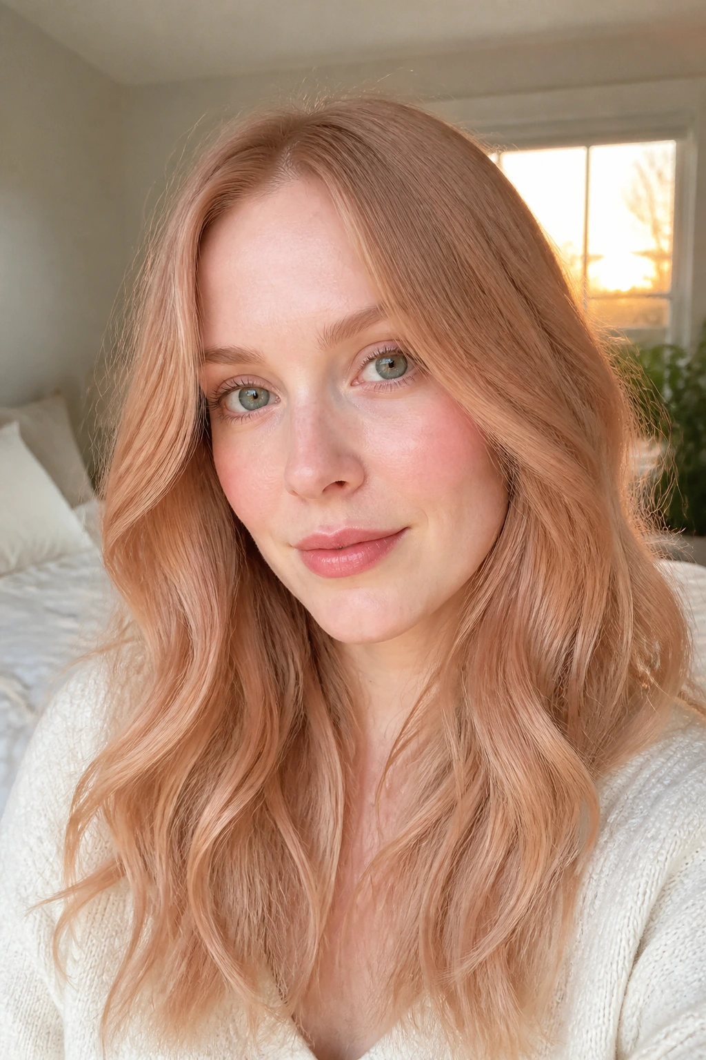 Close-up portrait of a real woman with rose-honey blonde hair and pale skin in warm light