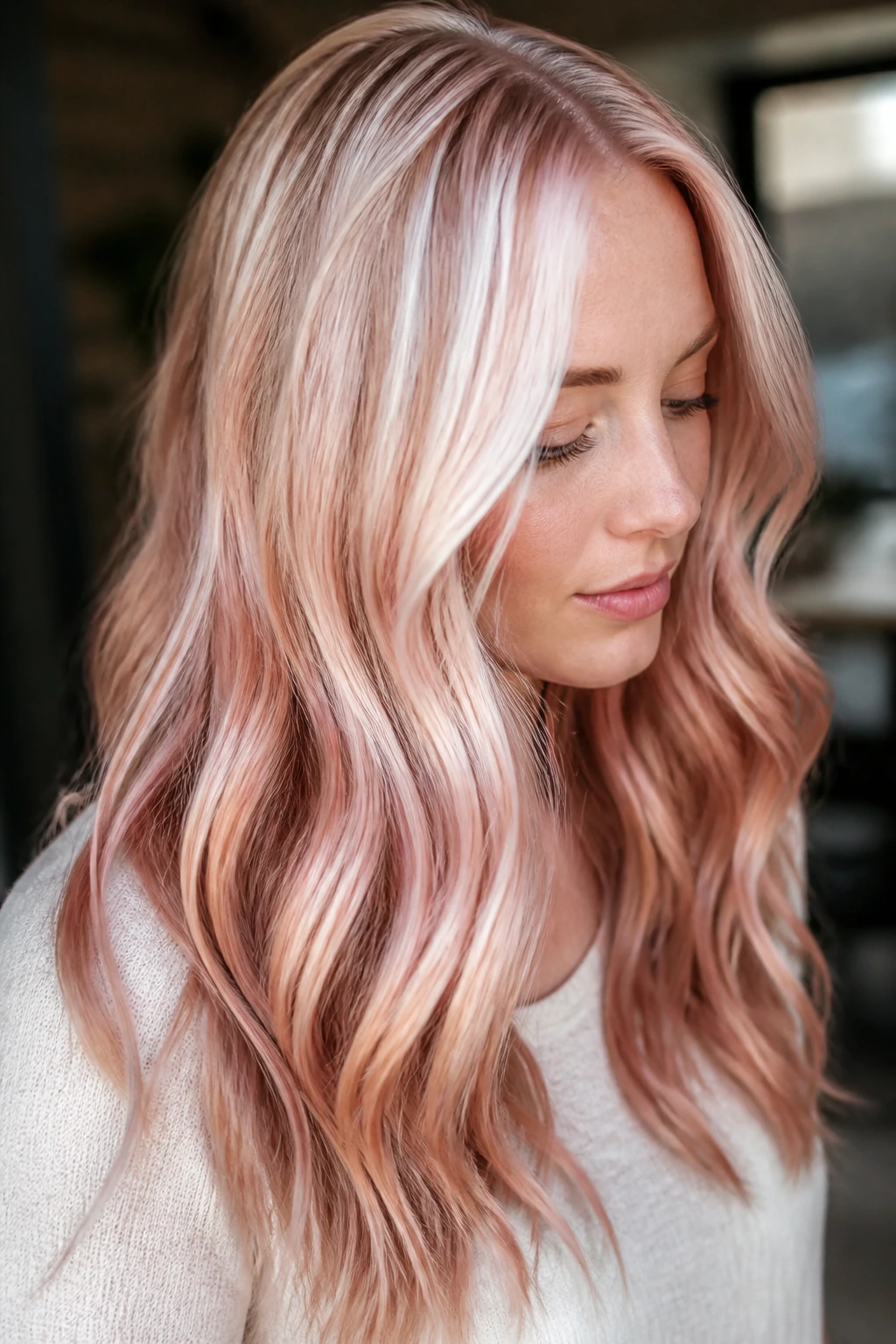 Close-up of hair with white on top and rose-gold underlayers on a fair-skinned person.