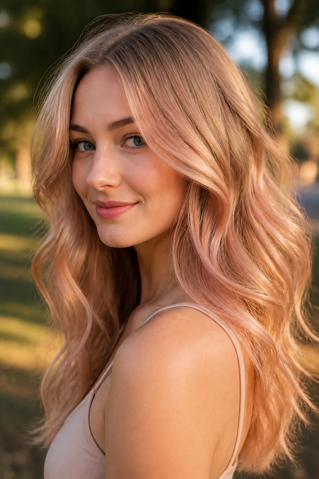 Close-up portrait of a real person with rose-inflected gold blend hair
