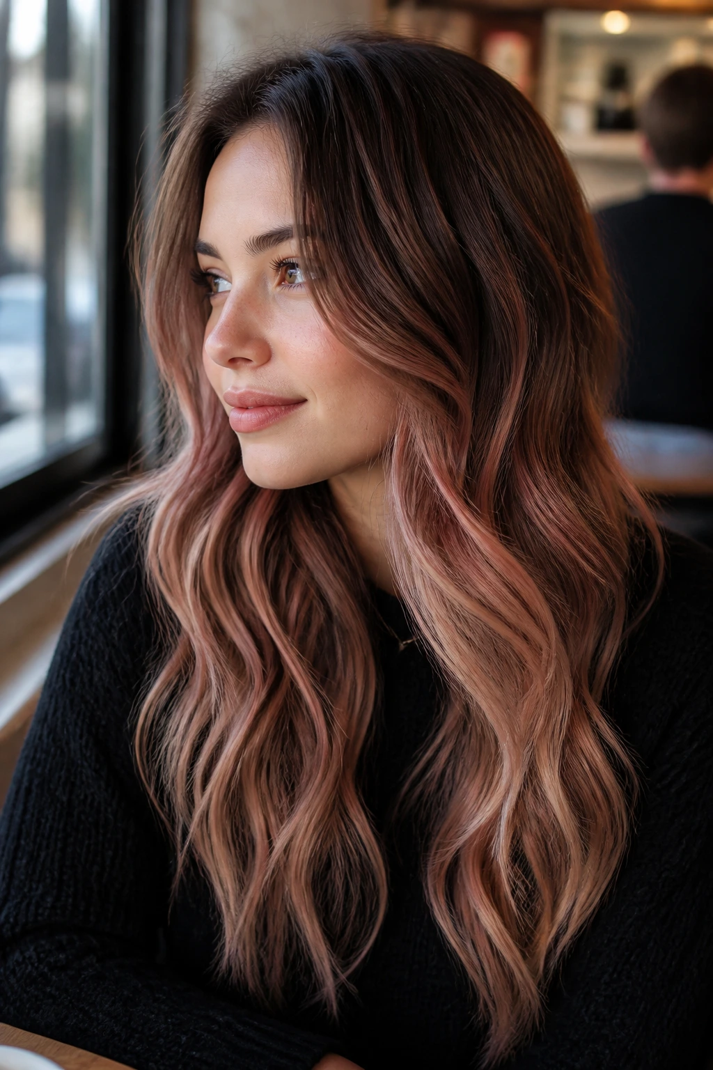 Brunette with rosé latte balayage in soft daylight