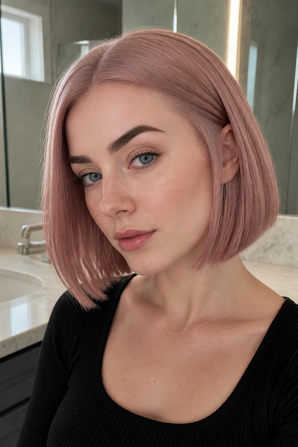Close-up of a real person with cool rose quartz bob in soft morning light