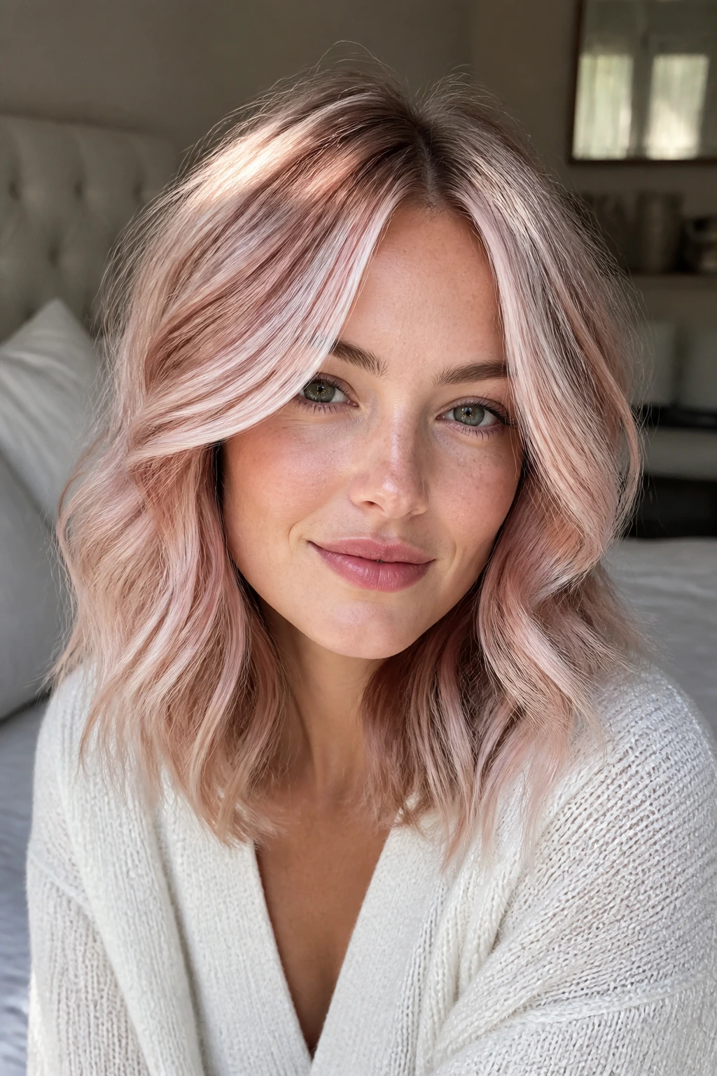 Real woman with rose quartz halo around crown and white highlights