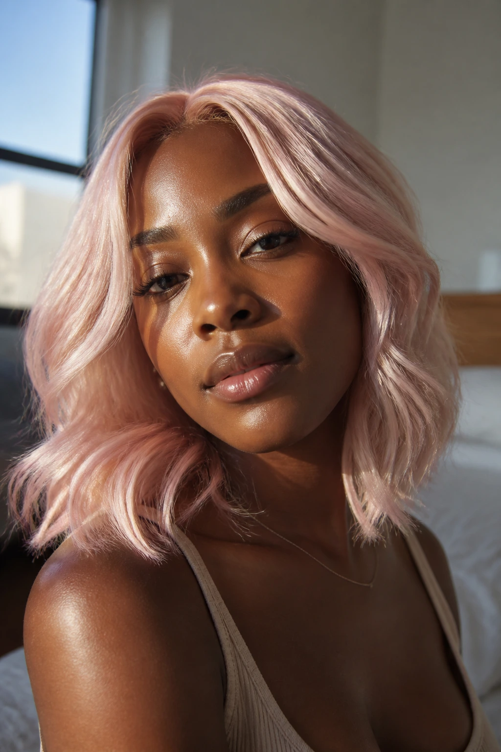 Close-up of a real person with rose quartz platinum hair in soft blush pink tones