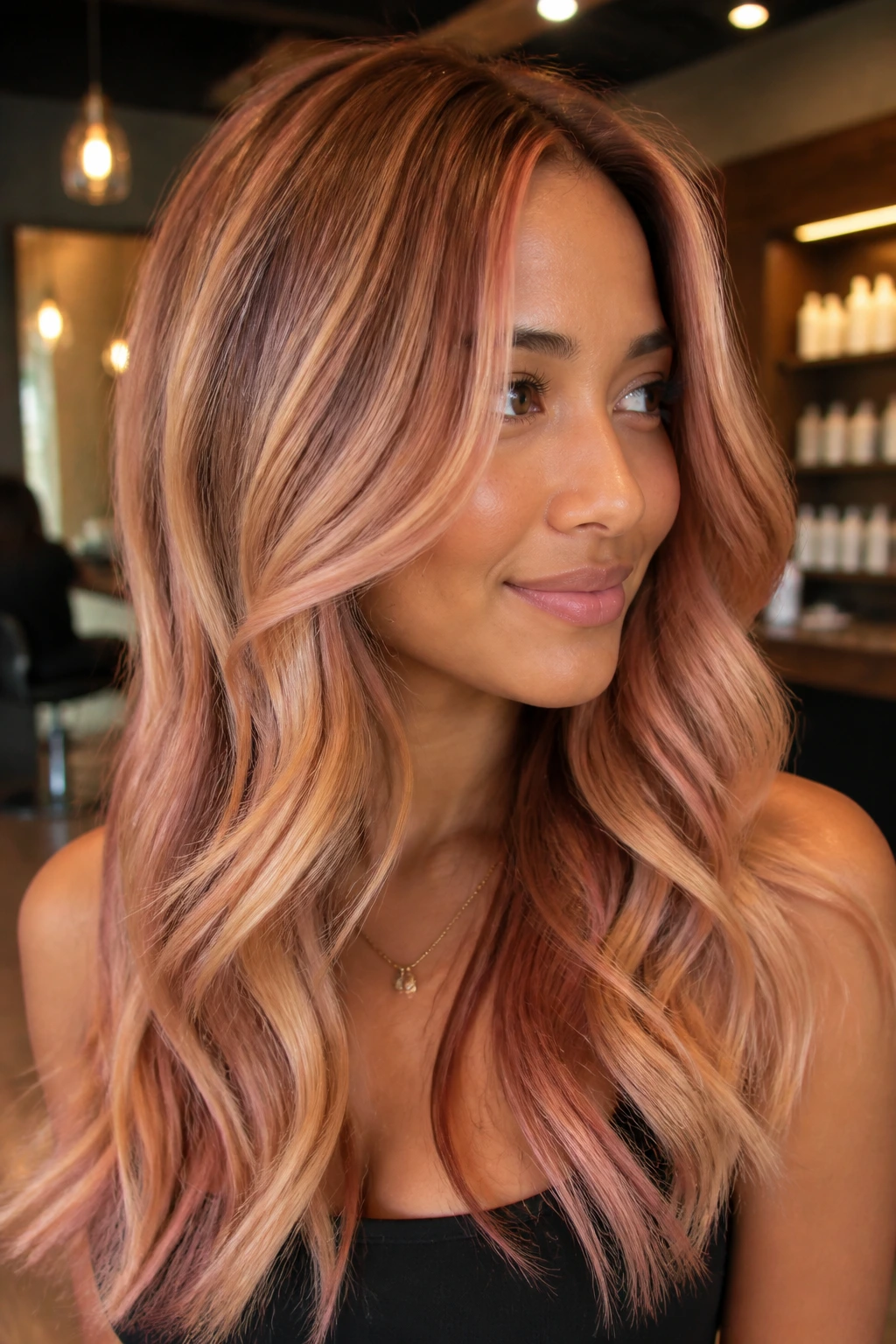Close-up portrait of hair with rose chunky ribbons and rose-beige toner.