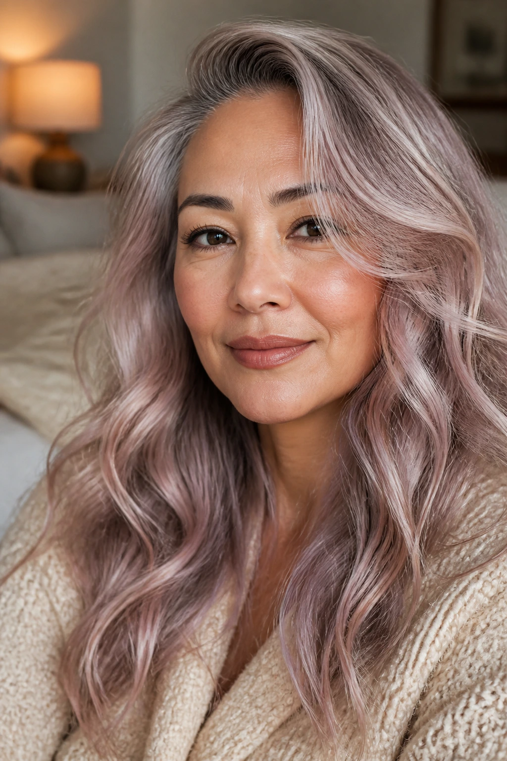 Close-up of rose-silver gray hair with beachy waves on a real person