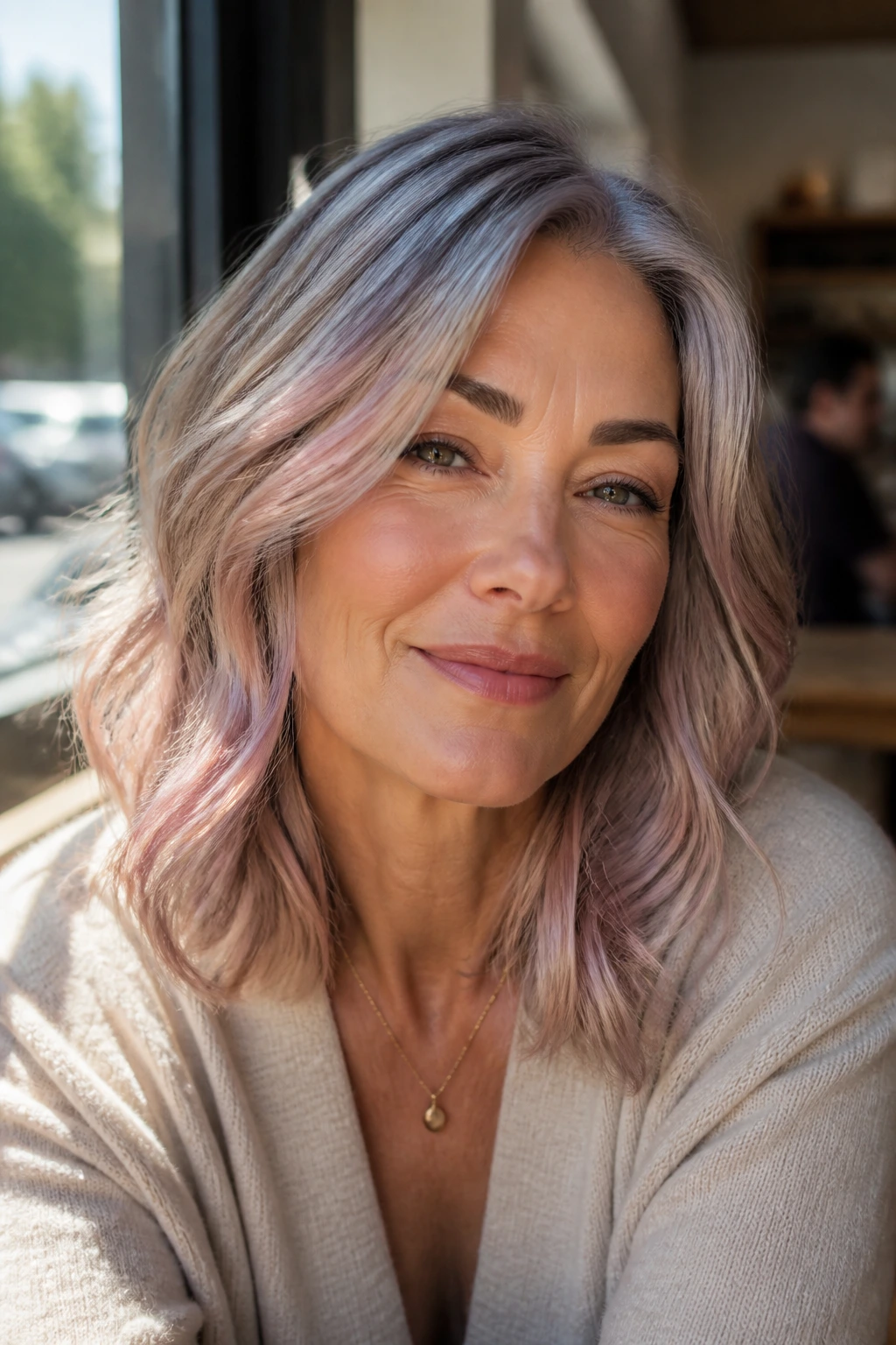 Real woman with rose-silver hair in sunlit cafe window seat