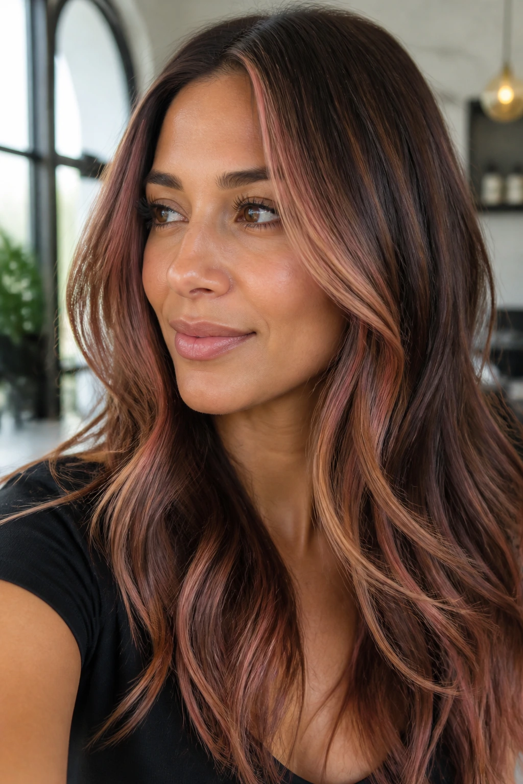 Close-up of brunette hair with soft rosy warmth around the face in rose-toffee brunette shade.