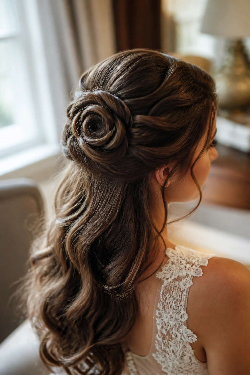 Close-up of a real bride with half-up rosette twists at the crown, warm window light.