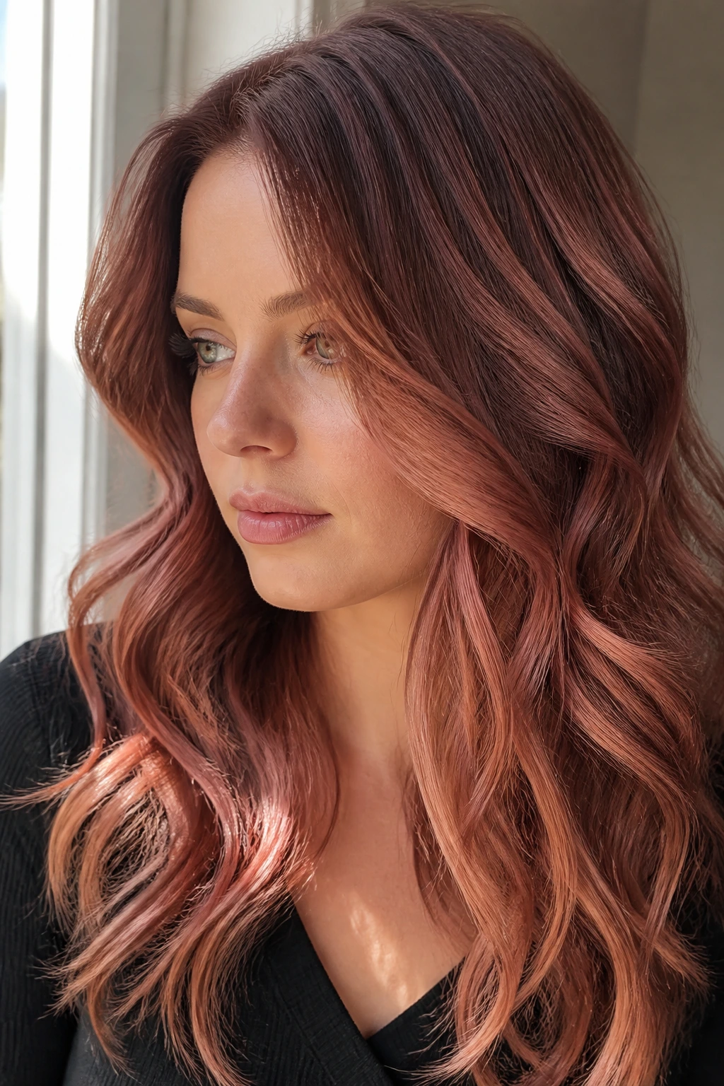 Close-up portrait of a woman with rosewood auburn blonde hair