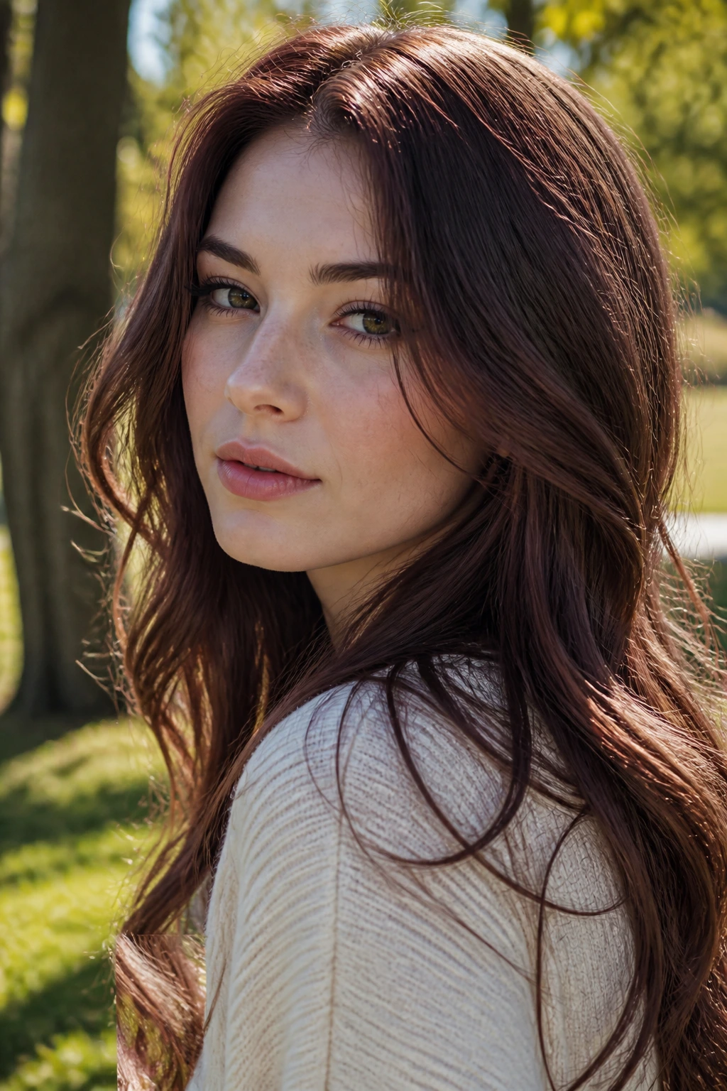 Close-up portrait of real woman with rosewood brown hair and rosy undertone in a sunny park