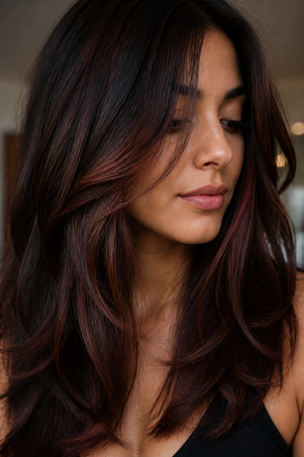 Real woman with rosewood brown highlights in layered brunette hair