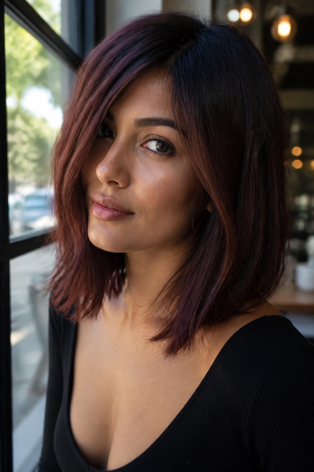 Woman with rosewood brown lob in soft daylight