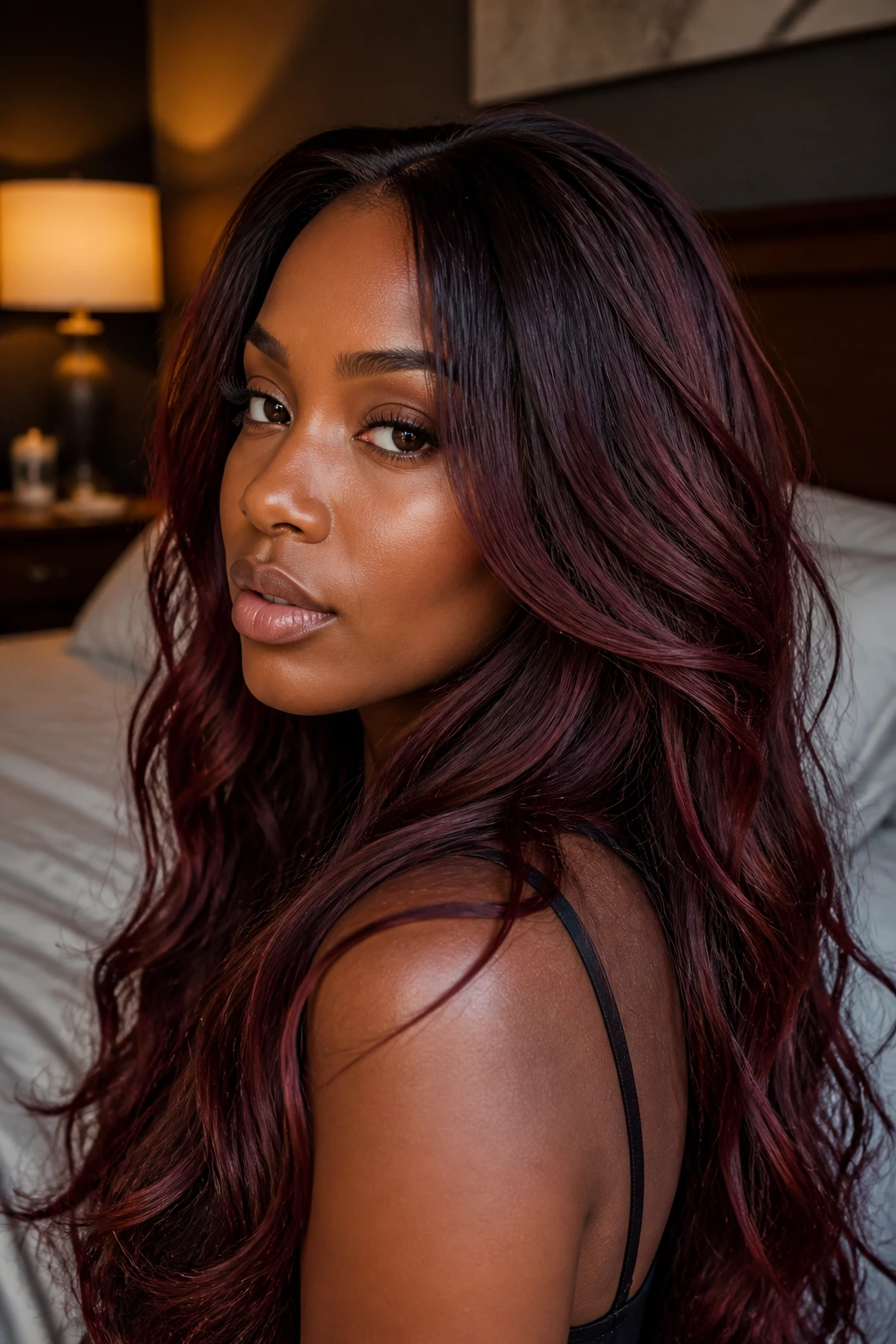 Close-up of a real woman with rosewood brunette hair and berry-red edge in warm bedroom light