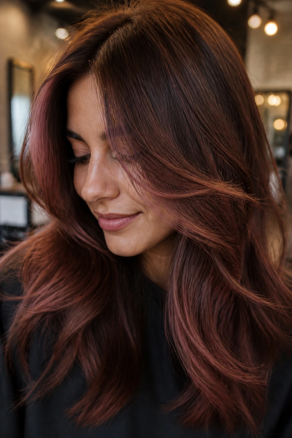 Real woman with Rosewood Brunette hair showing soft layers and rose-red depth.