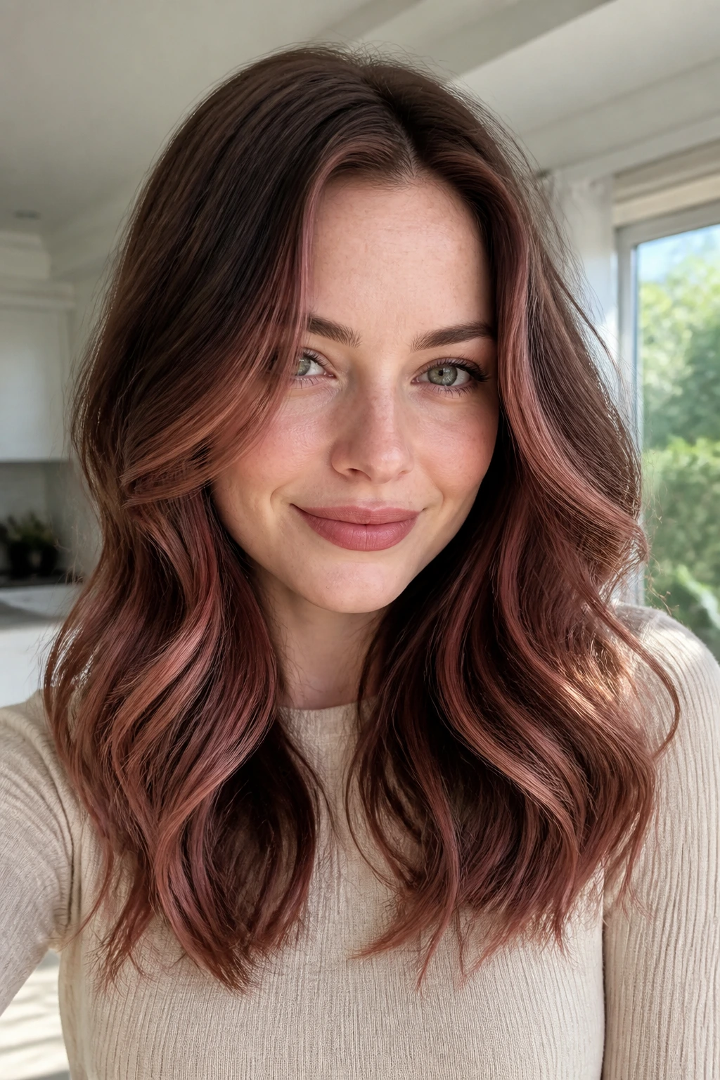 Close-up of rosewood foilayage on neutral fair skin with soft waves