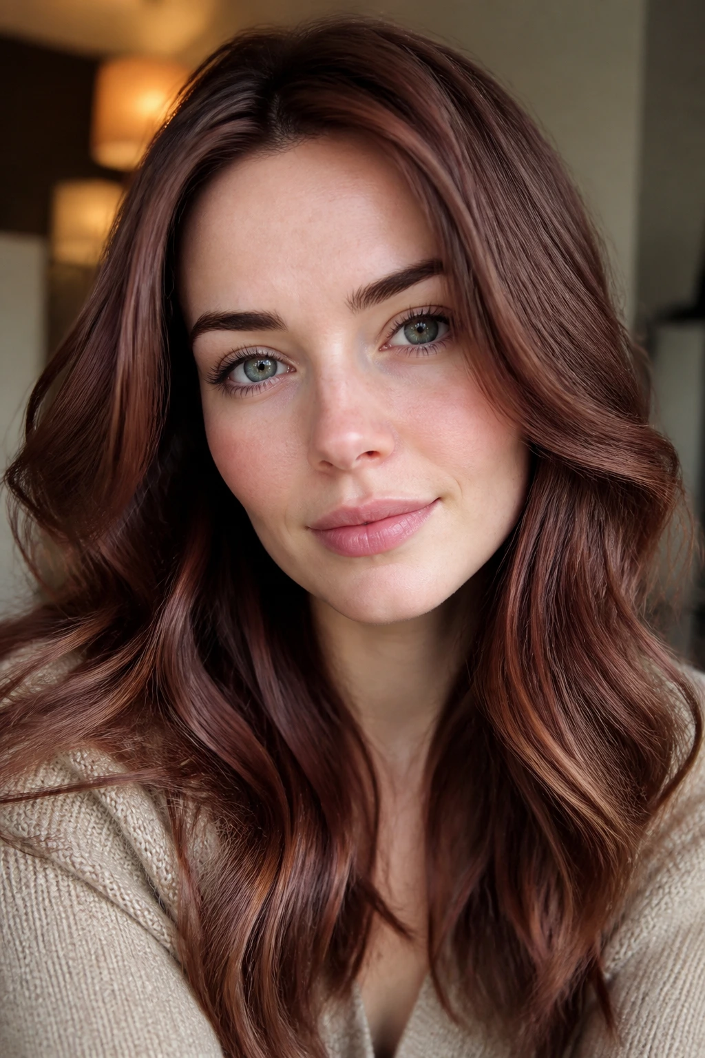 Portrait of a real person with rosewood brown gloss hair on pale skin