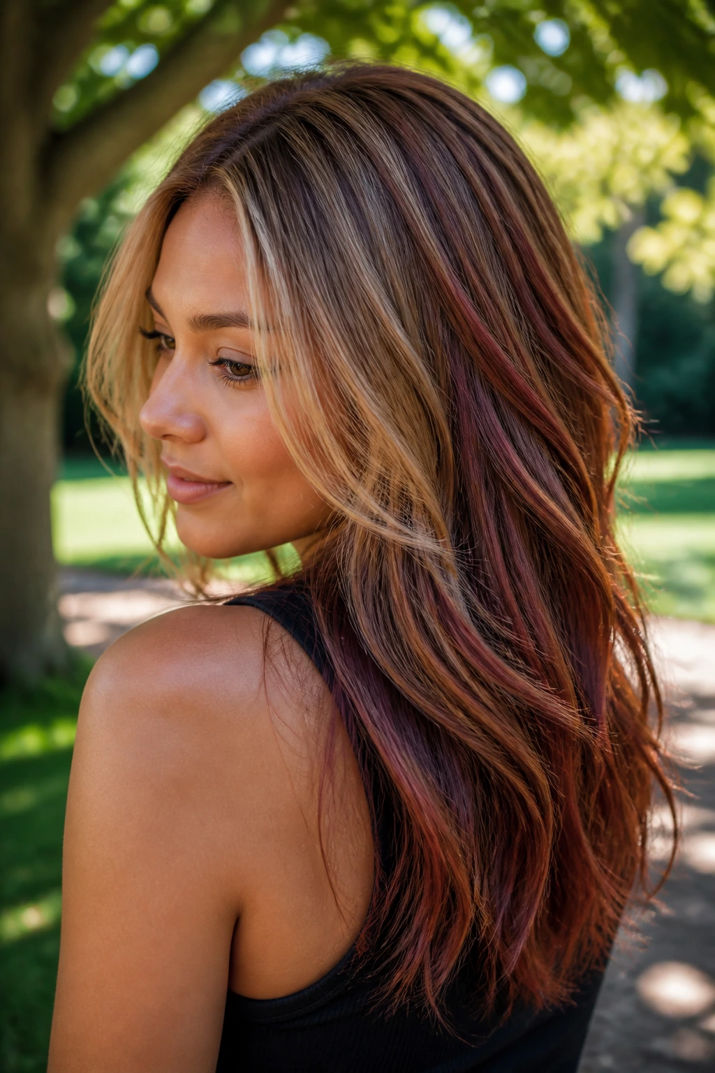 Woman with rosewood shadow lines hair showing interior layers