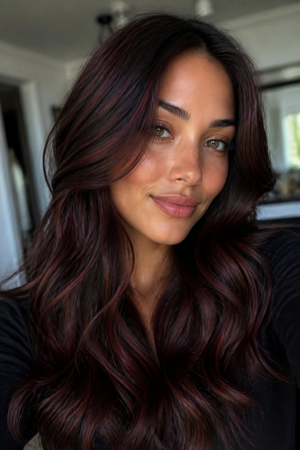 Close-up of cocoa brunette with rosewood streaks on a real person