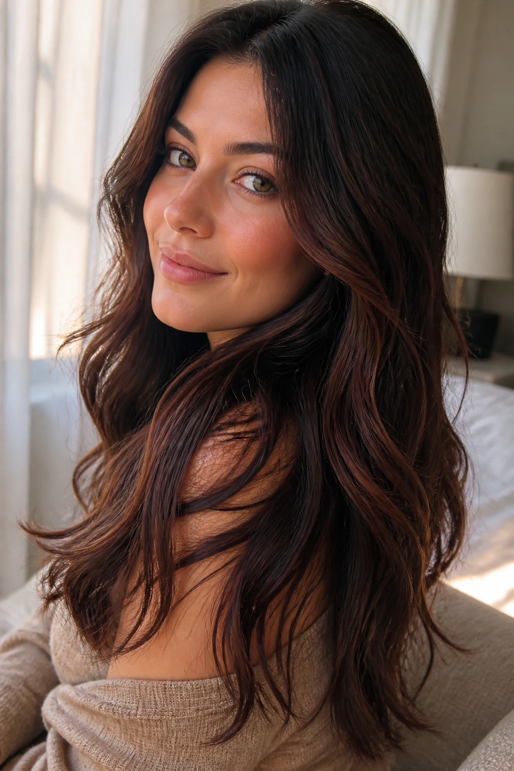Brunette hair with rosy-brown threads and soft glow