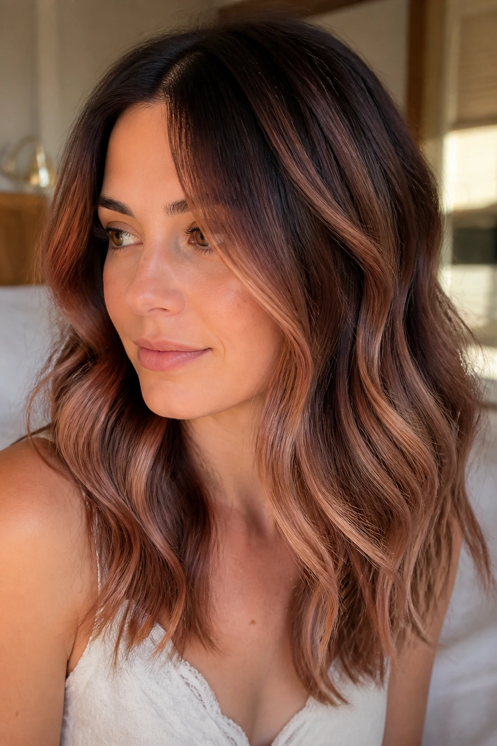 Brunette with dimensional toasted rose balayage.