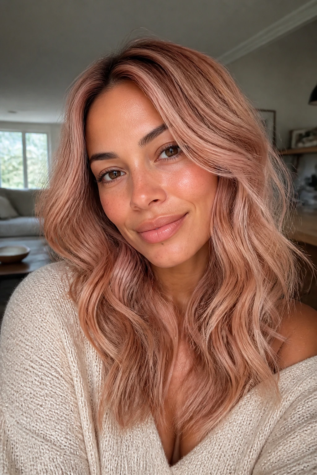 Portrait of a real woman with rosy beige waves on warm beige tones.