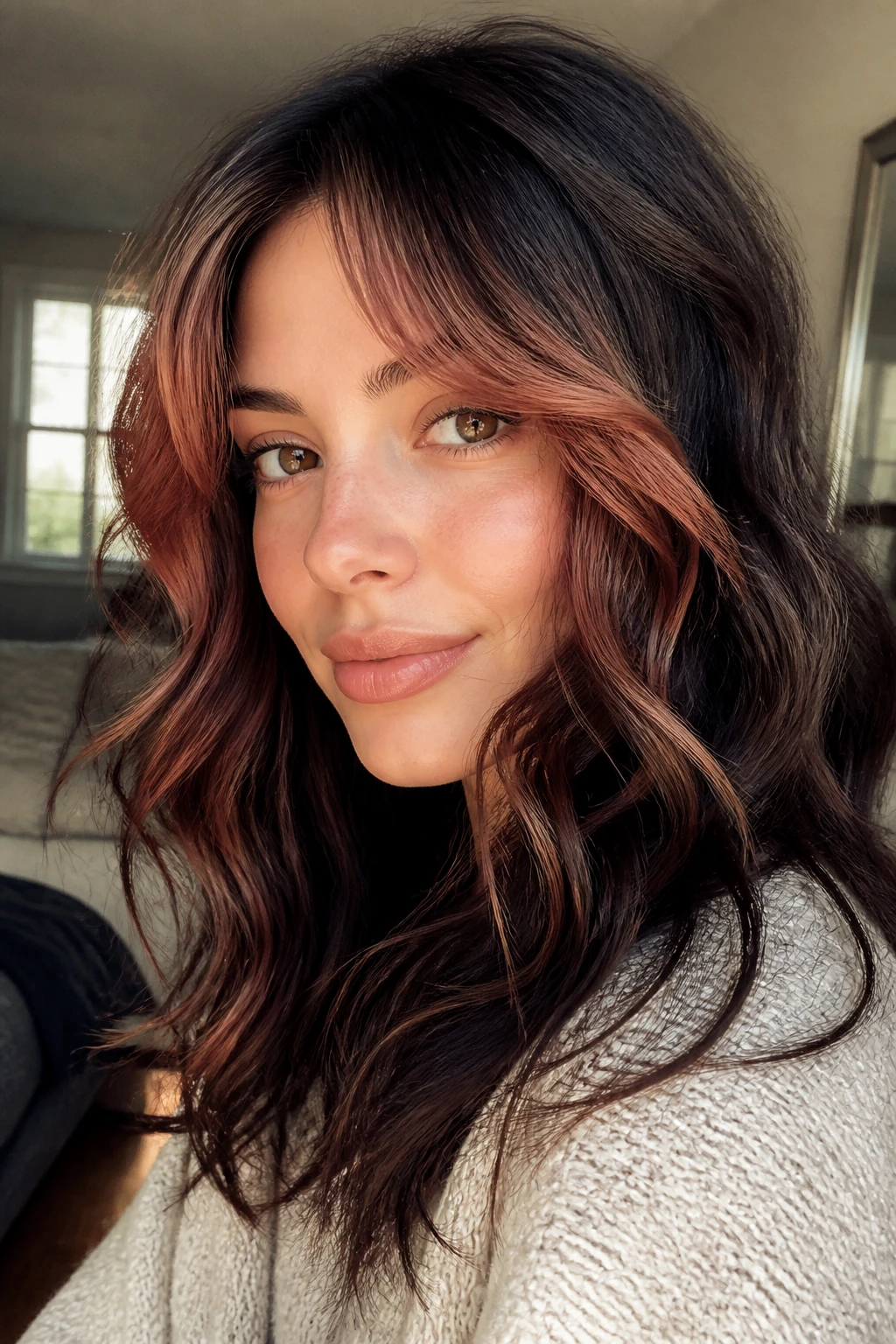 Close-up portrait of a real woman with rosy copper curtain bangs in warm window light