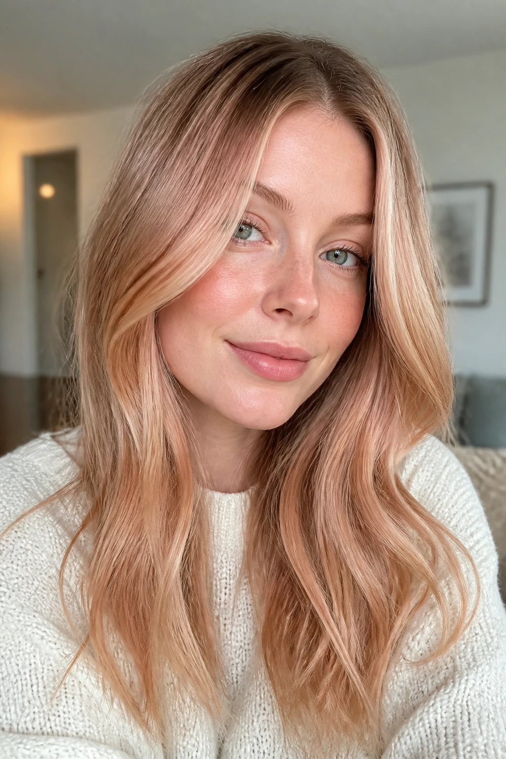 Close-up portrait of a real woman with rosy gold blonde in warm room light