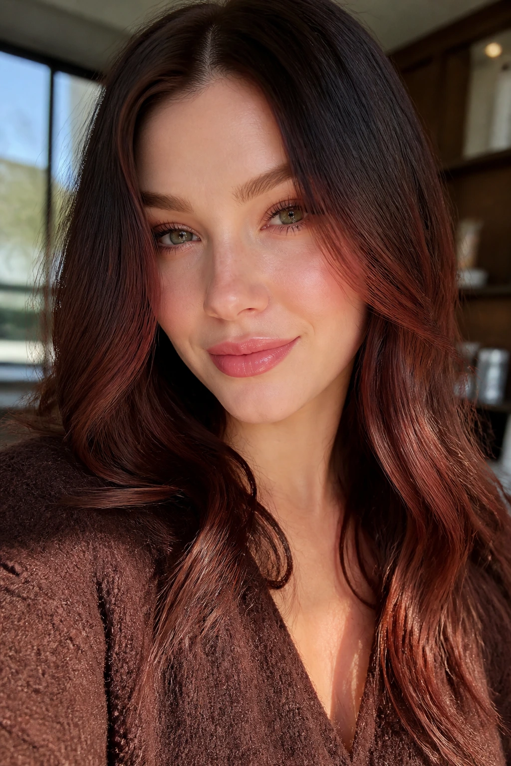 Portrait showing rosy mahogany melt highlights framing the face