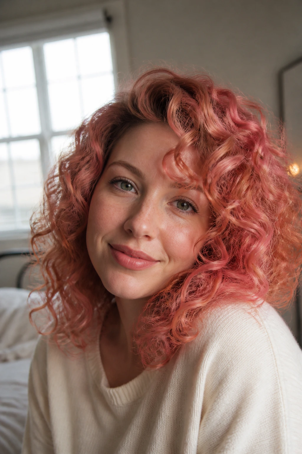 Close-up of a real woman with Rosy Papaya Curls in rosy tones, natural window light.
